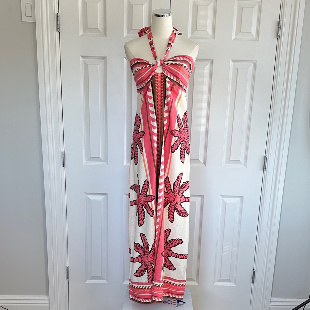 NWT Marine Layer Tropical Pink Bandeau Smocked Halter Tie Boho Maxi Dress Size L